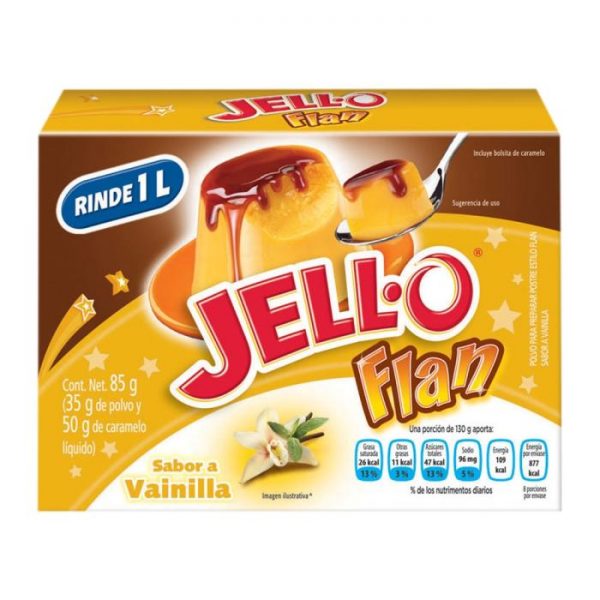 Polvo para preparar flan Jello sabor vainilla con caramelo 85 g