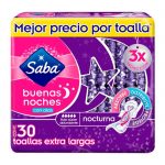 Toallas femeninas Saba Buenas Noches flujo súper abundante con alas 30 pzas